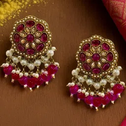 Kalakrith Milano Artificial Stones studded & Beaded Floral Shaped Drop Earrings image 2