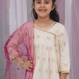 Little Bansi Girls Ethnic Motifs Embroidered Regular Sequinned Pure Cotton Kurta with Pyjamas & With Dupatta image 2