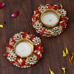 Aapno Rajasthan Red & Gold Toned 2 Pieces Embellished Metal Diyas With Tea Light Candles image 2