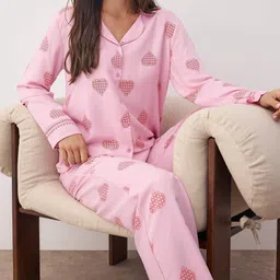 Trendyol Women Pure Cotton Printed Shirt Collar Shirt & Pyjamas Night Suit-image-43