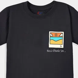 KAVEE Pure Cotton Half Sleeves Need Vitamin Sea Text Printed Bio Washed Tee - Black image 2