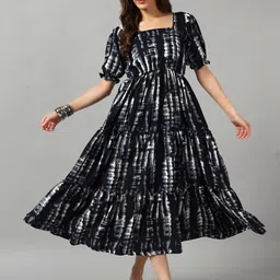 Raiyani Enterprise Tie and Dye Print Puff Sleeves Crepe Fit & Flare Midi Dress-image-33