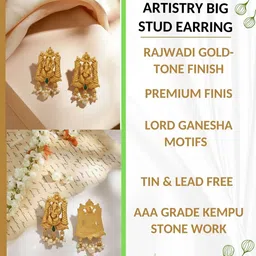 ORANGENYSHA Gold-Plated Stones Studded And Beaded Geometric Shaped Temple Drop Earrings image 3