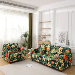HOKIPO Spring Green Hibiscus Print 5 Seater Fully Covered Sofa Cover image 5