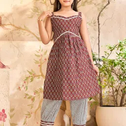 BAESD Girls Floral Printed Shoulder Straps Pure Cotton A-Line Kurta With Patiala image 2