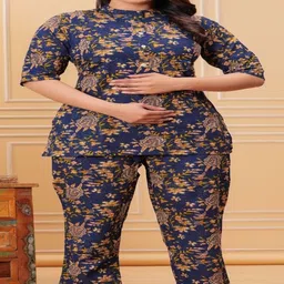 Queens Closet Printed Pure Cotton Mandarin Collar Neck Maternity Top With Trousers Co-Ords image 2