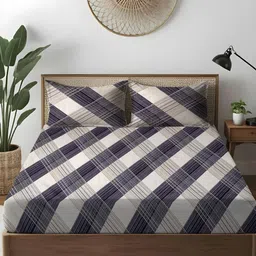 WEAVE AND DECOR Purple & Grey Striped 300 TC Fitted King Bedsheet with 2 Pillow Covers-picture-17