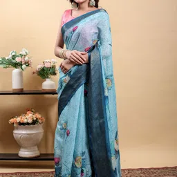 Jinal & Jinal Floral Zari Linen Blend Saree-picture-38