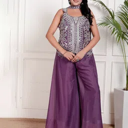 GRX Women Embellished Sleeveless Round Neck Top & Palazzo With Dupatta-picture-16