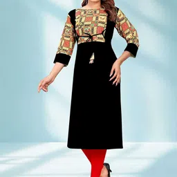 KHANJAN FASHION Printed Round Neck Tie-Up Detail Straight Kurta-image-45