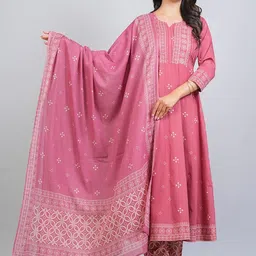 MF Hayat Bandhani Printed Pure Cotton Anarkali Kurta With Trousers & Dupatta-image-68