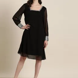 Qurvii Black Georgette A-Line Dress-picture-34