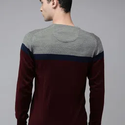 Arrow Men Burgundy & Grey Melange Colourblocked Pullover image 3