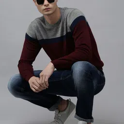 Arrow Men Burgundy & Grey Melange Colourblocked Pullover image 2