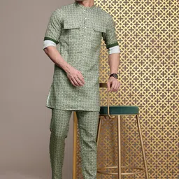 House of Pataudi Men Printed Pure Cotton Jashn Pakistani Kurta with Trousers image 2