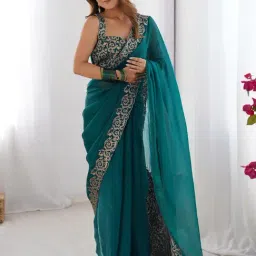 Saree Mall Teal blue Chiffon Embroidery Saree with Blouse Piece-image-11