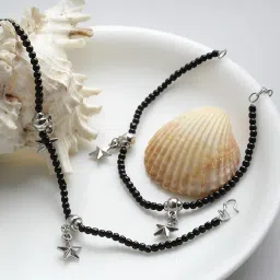 Panash Oxidized Silver Plated Black Beaded Star Shaped Handcrafted Anklets Set of 2 image 1