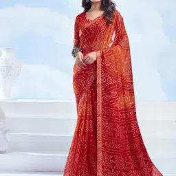 Satrani Red & Orange Bandhani Saree With Unstitched Blouse image 1