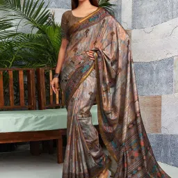 Satrani Brown & Grey Printed Saree With Unstitched Blouse image 1