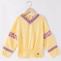 Ed-a-Mamma Kids Yellow & Red Cotton Embroidered Full Sleeves Top-picture-9