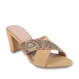 Mochi Women's Beige Cross Strap Sandals image 2