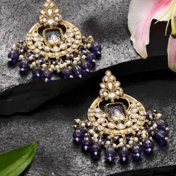Zaveri Pearls Blue Stone Clustered Beads Drop Statement Kundan Chand Bali Earrings image 1