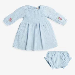 ed-a-mamma baby Ed-A-Mamma Girls Blue Cotton Self Design Casual Dress with Bloomer image 1