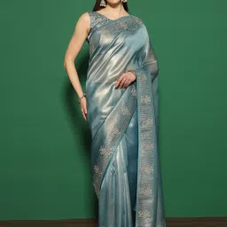Saree Mall Blue Embellished Sarees With Unstitched Blouse image 1