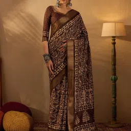 Saree Mall Brown Printed Sarees With Unstitched Blouse image 1