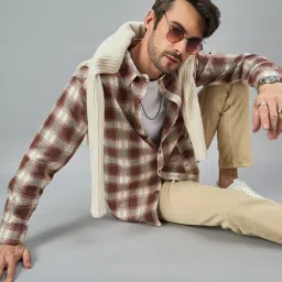 Chimpaaanzee Brown & Beige Oversized Fit Checks Shirt image 1