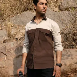 Perch Beige & Brown Cotton Relaxed Fit Colour Block Shirt image 1