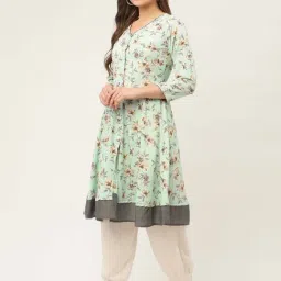 Jompers Green Pure Cotton Floral Print Flared Kurta image 3