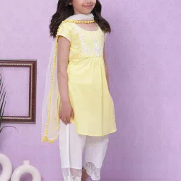 BIBA Girls Yellow & White Embroidered Kurta, Palazzos with Dupatta image 3