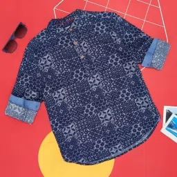 Pantaloons Junior Indigo Blue Cotton Printed Full Sleeves Shirt-image-3
