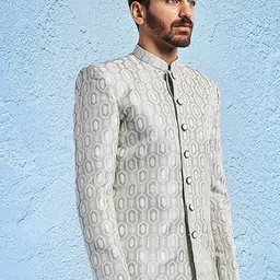 VASTRAMAY Self Design Mandarin Collar Slim-Fit Jacquard Bandhgala Blazers image 3