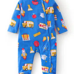 Babyhug Cotton Knit Full Sleeves Bus Printed Footed Sleep Suit - Navy Blue-picture-21