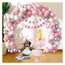 Bubble Trouble 91PCS First 1st Birthday Decoration For Girls, With Banner,70PCS Balloon,5PCS Confetti Silver Balloon, Numeric Foil Balloon & 16feet Balloon Arch Tape With 100 Glue Drop Strip-image-7