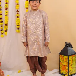 KID1 Jacquard Full Sleeves Floral Foil Printed Sherwani Dhoti Set - Beige-picture-15