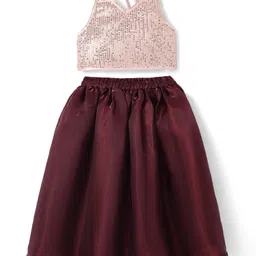 Saka Designs Satin Woven SleevelessSequinned Halter Neck Choli Lehenga Set-Mahroon & Golden-picture-25