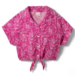Babyhug Woven Half Sleeves Knotted Top with Floral Print - Dark Pink-picture-11