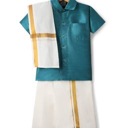 Dapper Dudes Cotton Silk Woven Half Sleeves Solid Shirt & Mundu With Angavastram Set - Teal Blue-picture-9