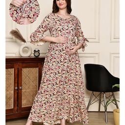 COLOR STUDIO Georgette Woven Three Fourth Bell Sleeves Floral Printed Maternity Maxi Dress With Nursing Access - Beige-picture-26