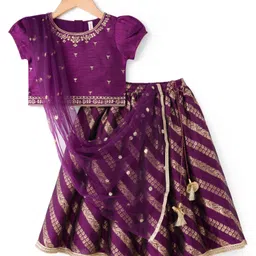 Babyhug Brocade Woven Half Sleeves Choli Lehenga & Dupatta Set With Floral Embriodery - Wine-picture-34