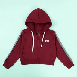 Kiddopanti Cotton Fleece Knit Full Sleeves Glasses Patch Detailed Light Winter Hooded Crop Sweatshirt- Maroon-image-84