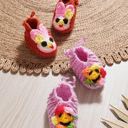 MayRa Knits Pack Of 2 Hand Knitted Woven Floral Applique Detailed Set Of Booties - Red & Purple-picture-16