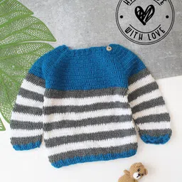 Woonie Hand Knitted Full Sleeves Striped Sweater - Blue-picture-14
