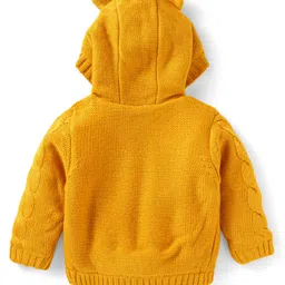 Babyhug Knitted Full Sleeves Front Open Solid Colour Hooded Sweater With Cable Knit Design & Ear Applique - Mustard image 2