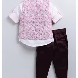 LITTLE COLLARS Full Sleeves Solid Shirt With Trousers & Abstract Embroidered Jacket - Wine image 3