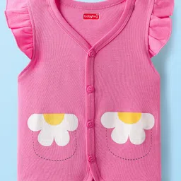 Babyhug 100% Interlock Knit Frill Sleeves Front Open Vests With Floral Print Pack Of 3 - Pink Navy Blue & White image 2