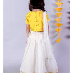 Lil' Drama Cotton Half Puffed Sleeves Floral Embroidered & Tassels Detailed Lehenga Choli With Dupatta Set - White & Yellow image 3